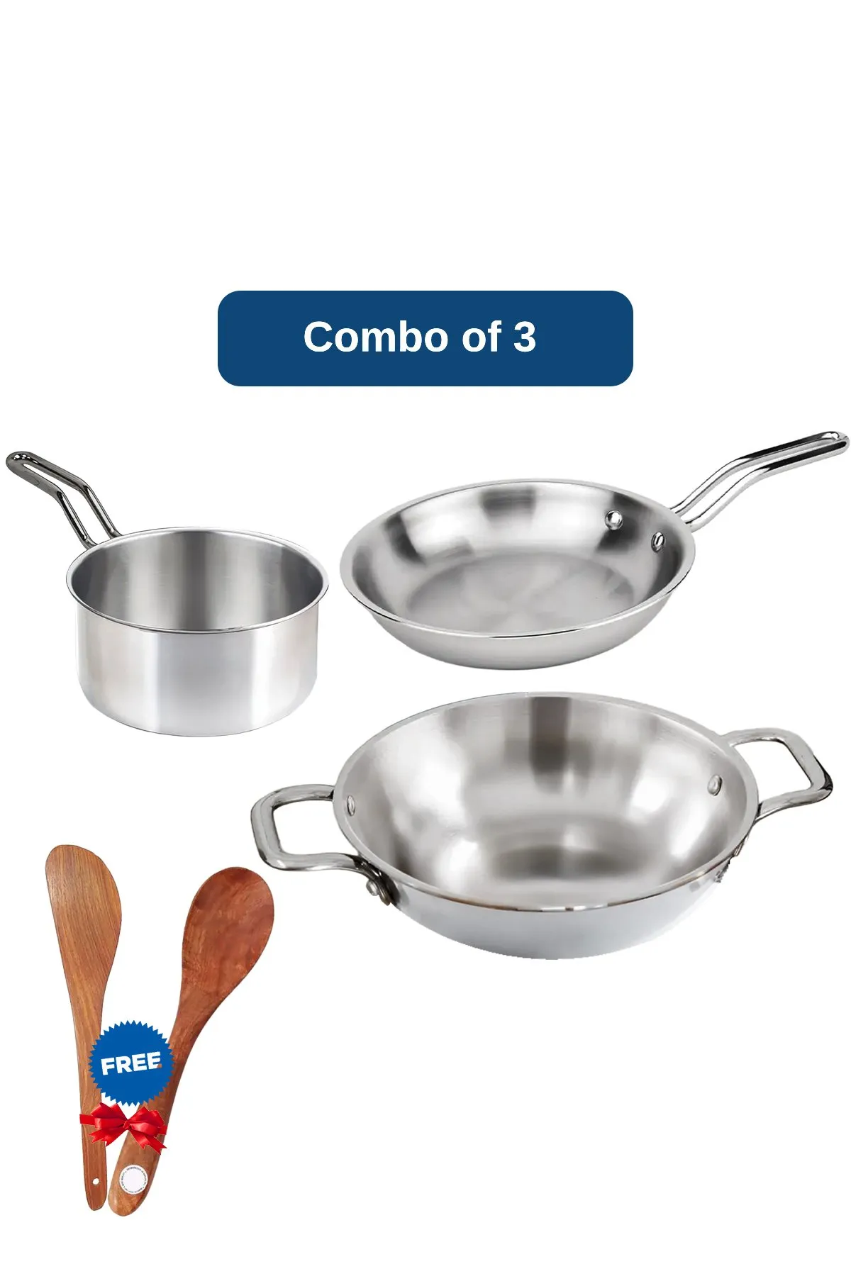 Triply Stainless Steel Kadai, Saucepan and Frypan Set with Free Ladles - Combo of 3