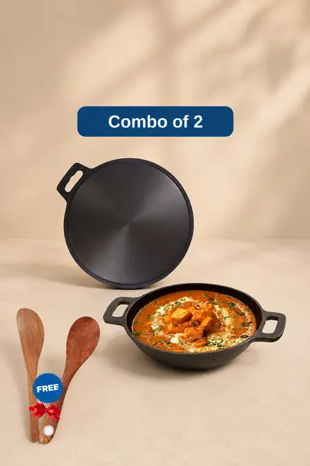 Bluevel Cast Iron Pre-Seasoned Tawa and Kadai Set with Free Ladles - Combo of 2