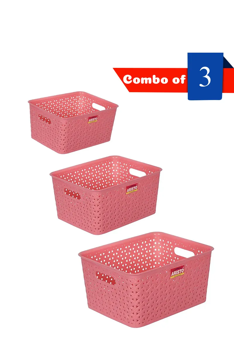 Aristo Plastic Multiuse Basket, Pink - Combo of 3
