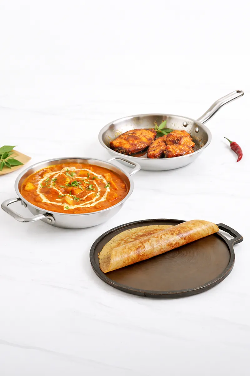 Bluevel Cast Iron Tawa & Triply Kadai and Fry Pan - Combo of 3