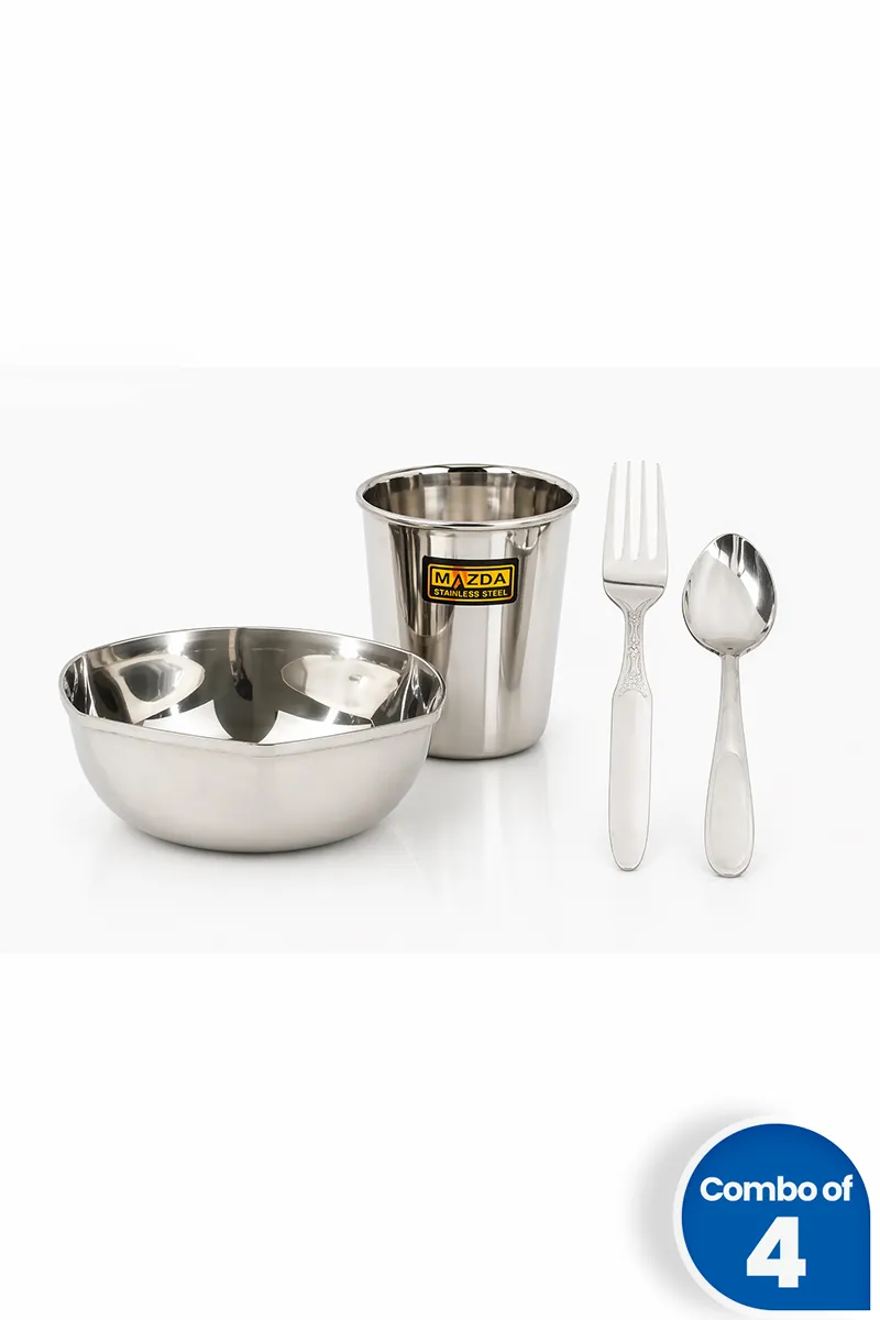 Stainless Steel Bowl, Spoon, Fork and Tumbler - Combo of 4