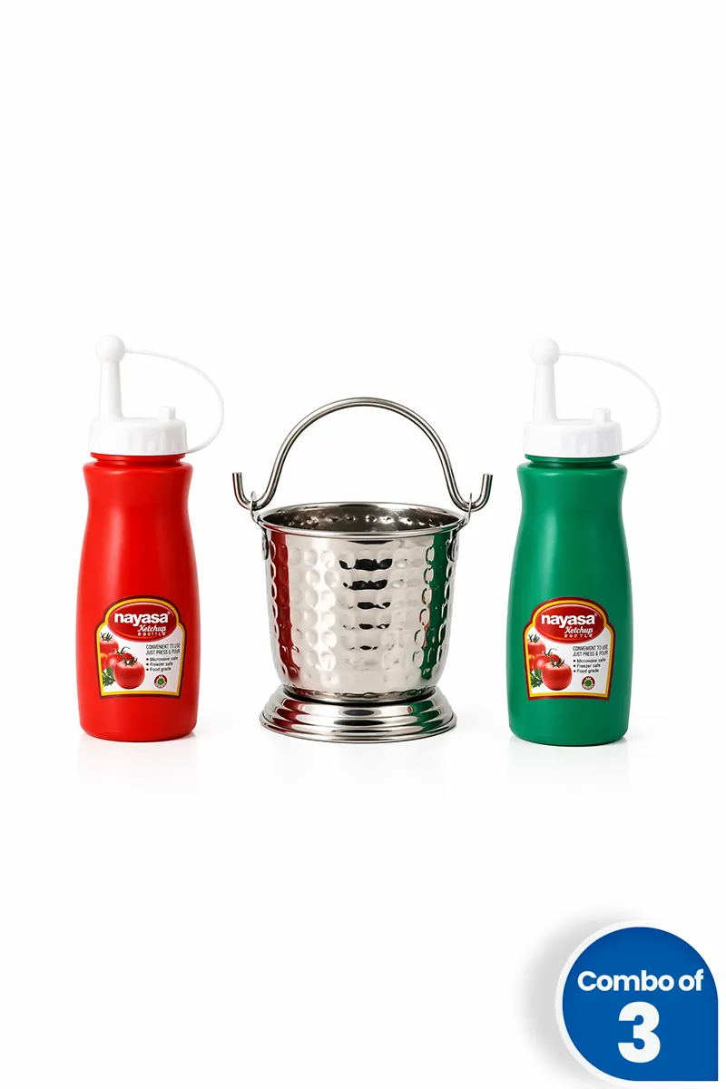 Plastic Ketchup Bottles with Stainless Steel Mini Serving Bucket - Combo of 3
