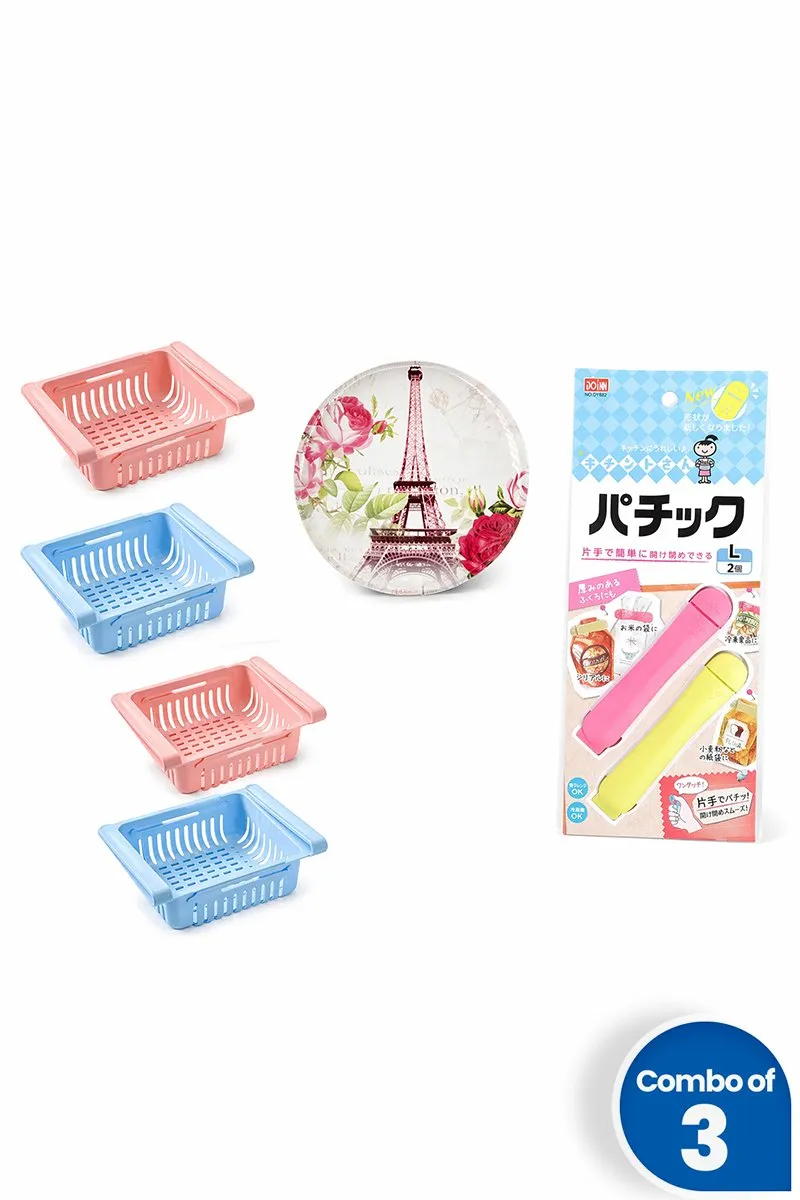 Plastic Fridge Rack, Magnetic Sticker & Bag Clip Sealer - Combo of 3