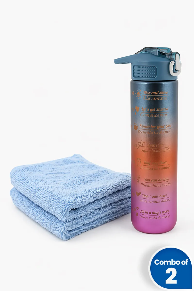 Microfiber Face Towel with Plastic Water Bottle - Combo of 2