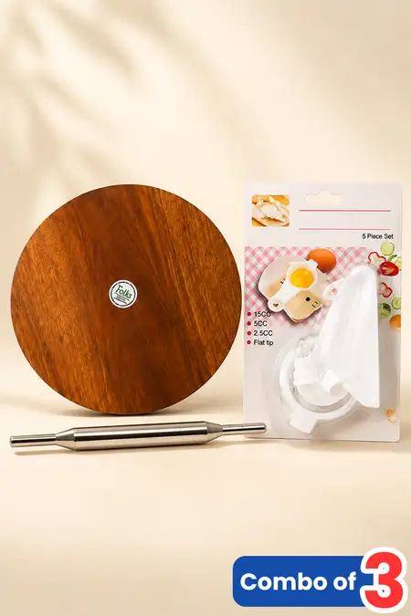 Chapathi Board, Roller, Spoon with Egg Strainer - Combo of 3