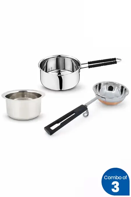Stainless Steel Sauce Pan, Tadka Pan and Tope - Combo of 3