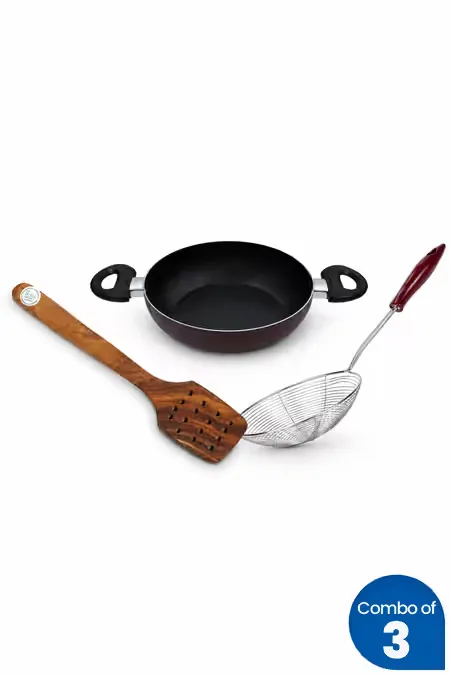 Non-stick Kadai, Oil Strainer and Skimmer - Combo of 3