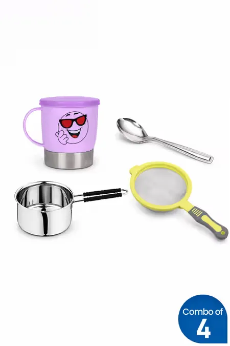 Sauce Pan, Tea Strainer, Mug and Spoon - Combo of 4