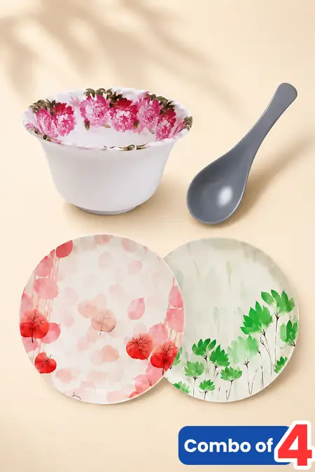 Melamine Bowl, Plate and Soup Spoon - Combo of 4