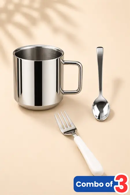 Stainless Steel Mug, Spoon and Fork - Combo of 3