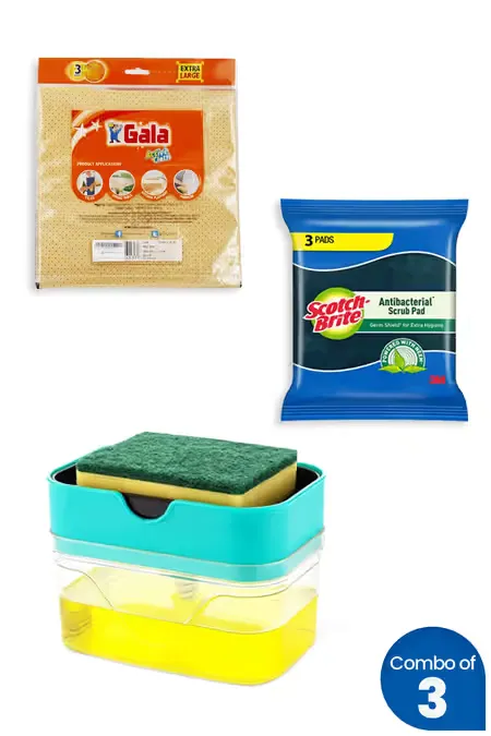 Cleaning Cloth, Scrub Pad and Soap Dispenser with Scrub - Combo of 3