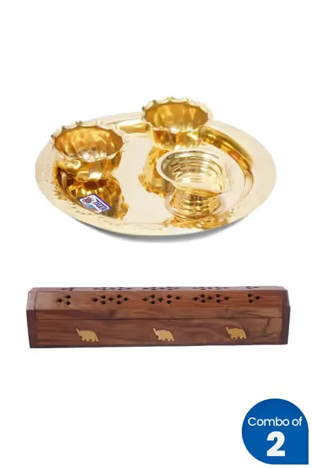 Brass Aarthi Plate and Wooden Agarbatti Stand - Combo of 3