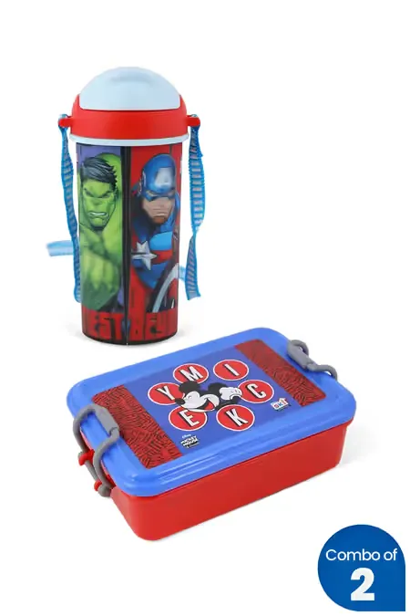 SKI Plastic Printed Water Bottle and Lunch Box Set - Combo of 2