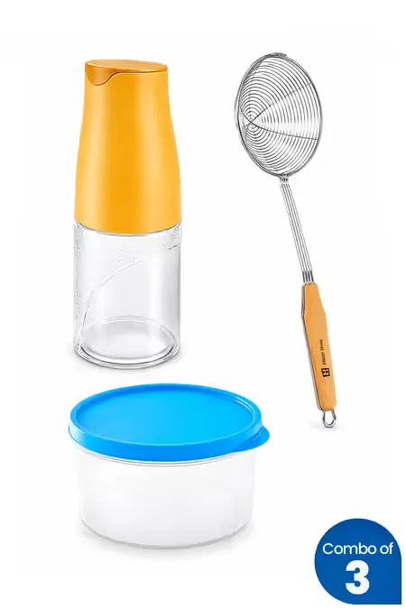 Oil Dispenser, Oil Strainer and Storage Container - Combo of 3