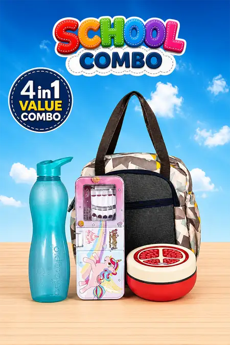 Kids School Essentials Combo - Lunch Box (350 ml), Unicorn Pencil Box, Insulated Lunch Bag & 1000 ml Water Bottle