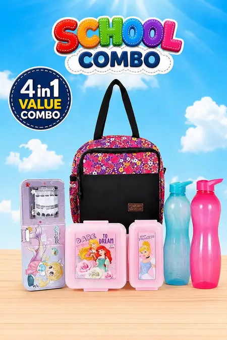 Kids School Essentials Combo - 850 ml Lunch Box, Mermaid Pencil Box, Insulated Lunch Bag & 1000 ml Water Bottle (Pack of 2)