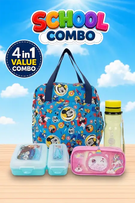 Kids School Essentials Combo - 850 ml Lunch Box , Unicorn EVA Pencil Case, Mickey Lunch Bag & 650 ml Sport Water Bottle