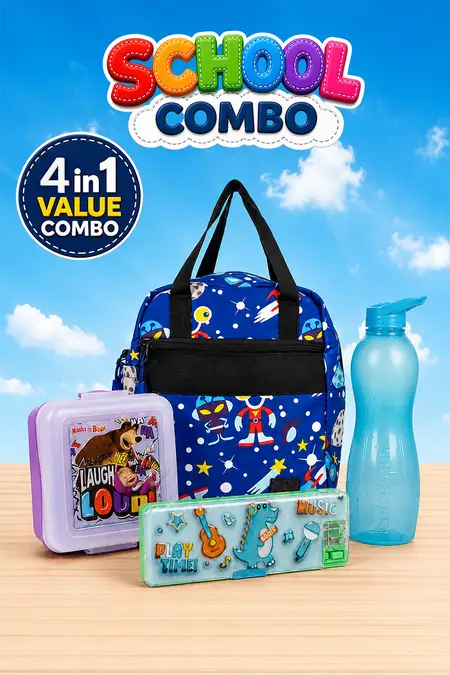 Kids School Essentials Combo - 550 ml Lunch Box Set, Insulated Lunch Bag, Music Pencil Case & 1000 ml Sport Water Bottle