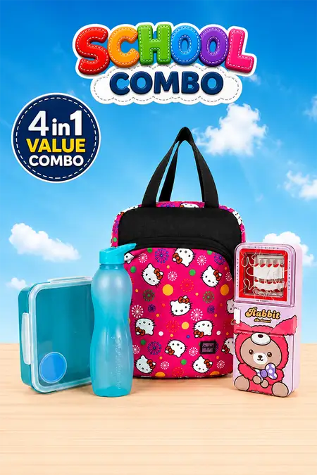 Kids School Essentials Combo - 1450 ml Lunch Box, Insulated Lunch Bag, EVA Pencil Box & 1000 ml Sport Water Bottle