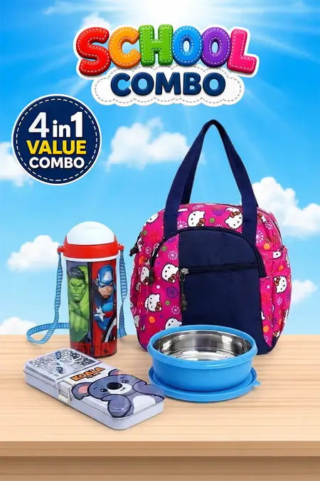 Kids School Essentials Combo - 690 ml Lunch Box, Insulated Lunch Bag, EVA Pencil Box & 450 ml Water Bottle