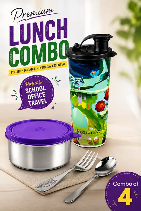 All-in-One School Lunch Combo Kit, Lunch Box, Tumbler, Spoon and Fork - Combo of 4