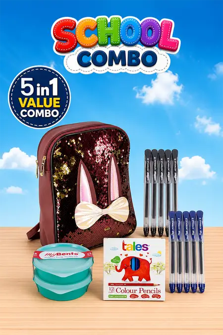 All-in-One School Combo Kit, Backpack, Container, Pens and Pencil - Combo of 5