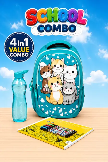 All-in-One School Combo Kit, Bag, Water Bottle, Note Book and Pen - Combo of 4