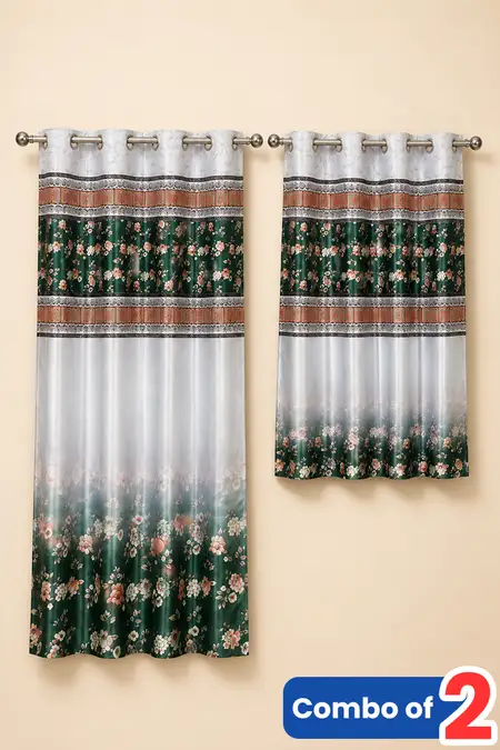 Home Essentials, Polyester Floral Window & Door Curtain with Eyelet Rings - Combo of 2