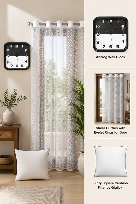 Home Decor Essentials - Analog Wall Clock, Sheer Door Curtain & Cushion Filler - Combo of 3