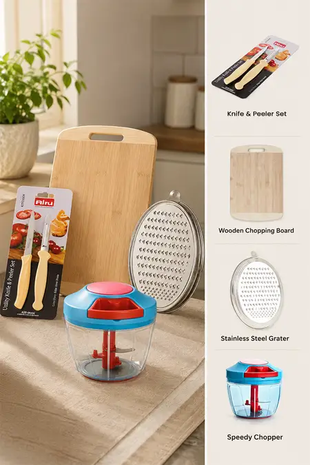 Kitchen Essentials Grater, Knife & Peeler, Chopper & Wooden Chopping Board - Combo of 4
