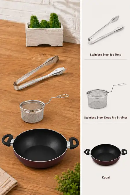 Kitchen Essentials, Kadai, Strainer and Tong - Combo of 3