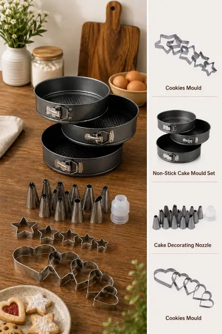Kitchen Essentials, Cake Mould, Cookies Mould and Decorating Nozzle - Combo of 4