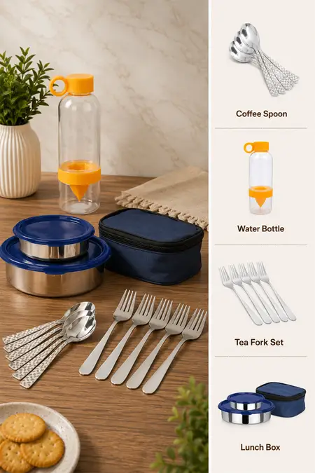 Kitchen Essentials, Lunch Box with Bag, Water Bottle, Spoon and Fork - Combo of 4