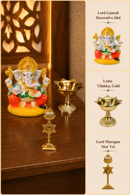 Pooja & Devotional Items, Ganesh Idol, Murugan Star Vel Idol and Lotus Vilakku - Combo of 3