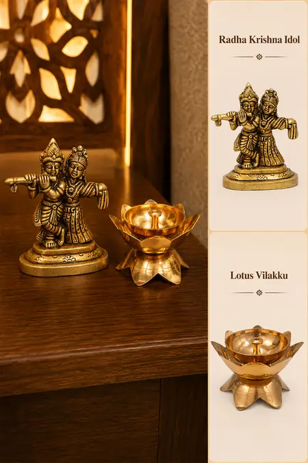 Pooja & Devotional Items, Radha Krishna Idol and Lotus Vilakku - Combo of 2