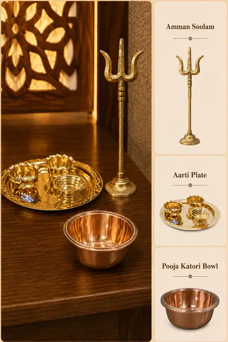 Pooja & Devotional Items, Amman Soolam, Aarthi Plate and Kathori Bowl - Combo of 3