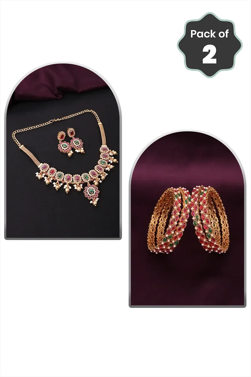 Floral Necklace & Leaf Kada Bangle for Women – Combo of 2