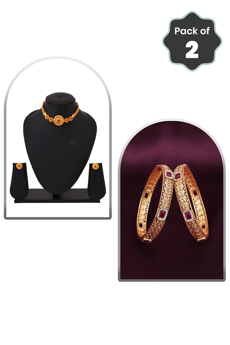 Antique Floral Choker & Bangles for Women - Combo of 2 JWCOMBO0006GOL28