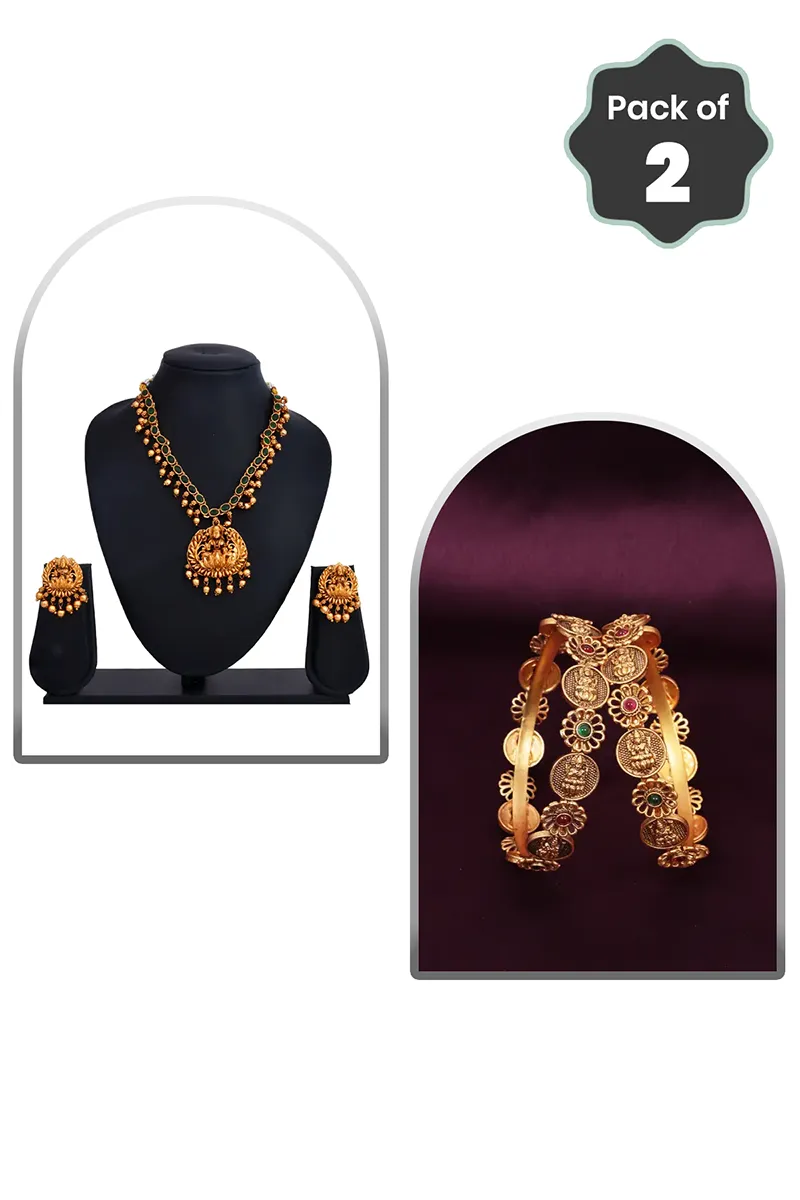 Lakshmi Lotus Necklace & Floral Kada Bangles for Women - Combo of 2