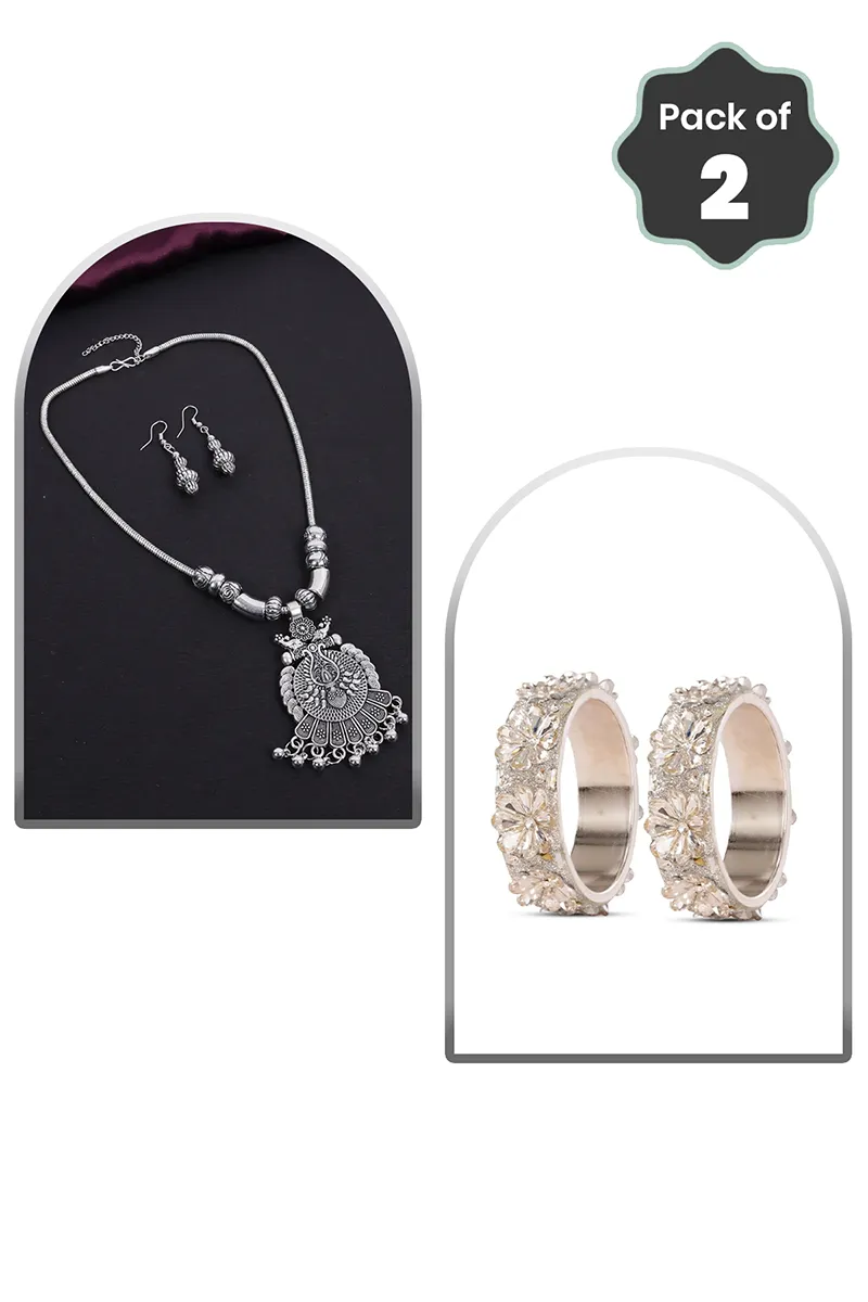 Oxidized Floral Necklace & CZ Studded Bangles for Women - Combo of 2