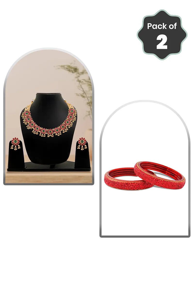 Floral Kempu Necklace & Glass Stone Bangles for Women - Combo of 2