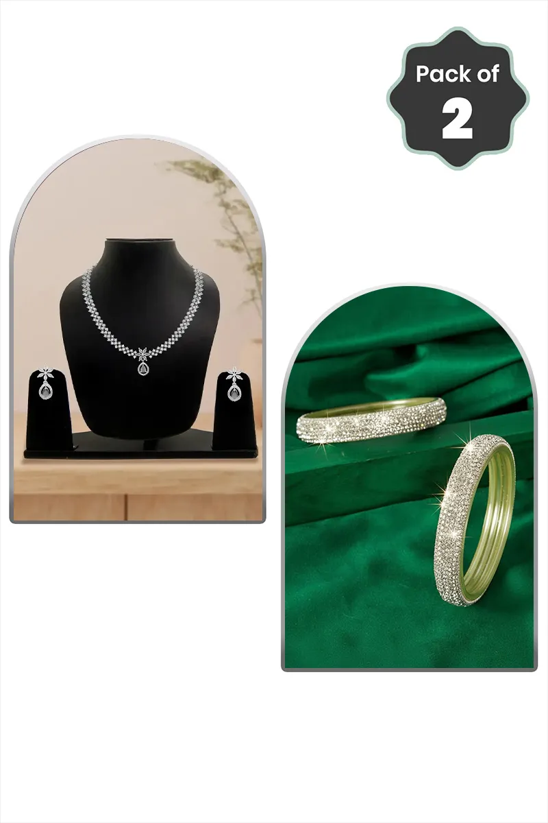 Rhodium Floral Necklace & Glass Stone Broad Bangles - Combo of 2 JWCOMBO0015WHI28