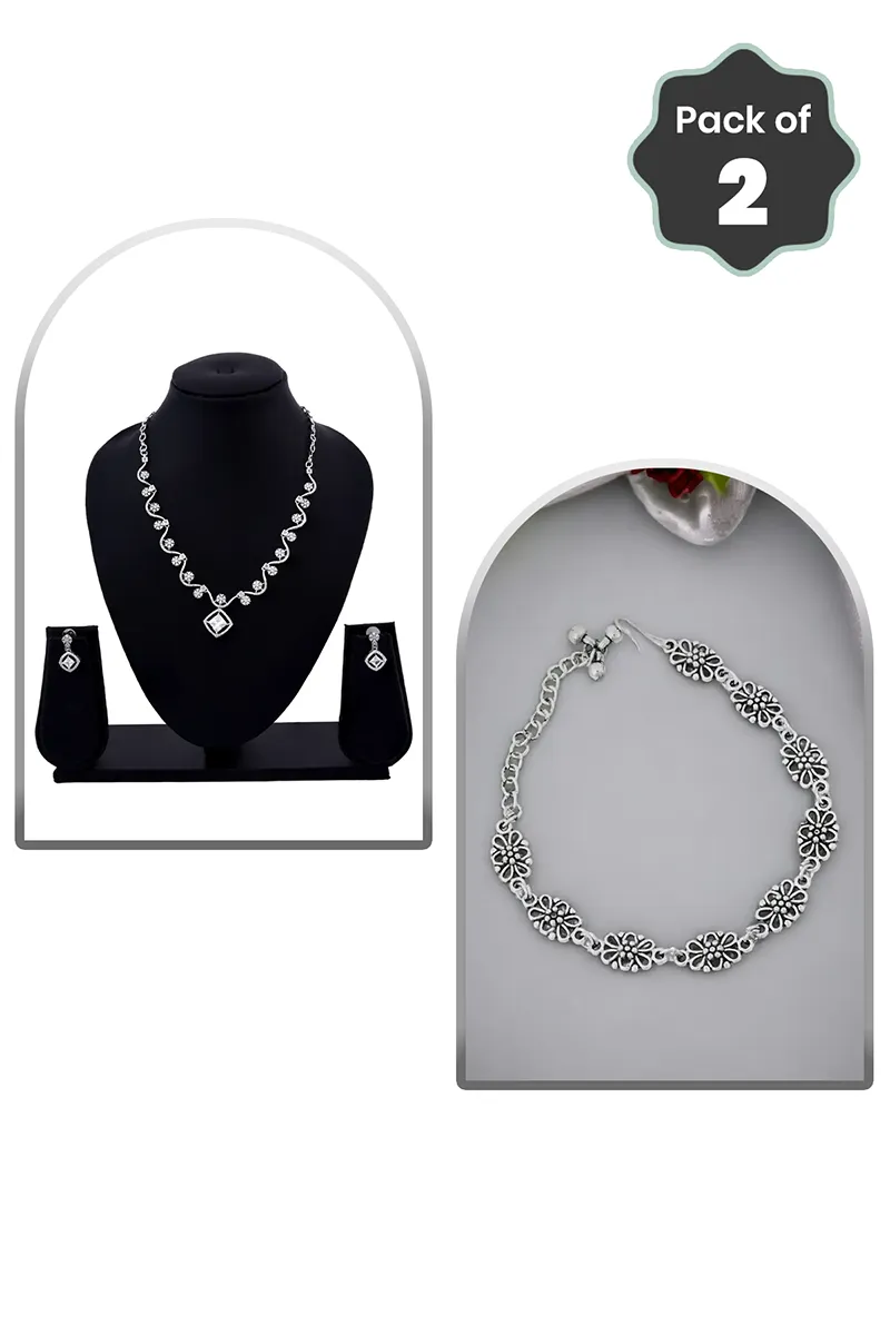 Elegant Cubic Zirconia Glossy Finish Necklace Set for Women - Combo of 2