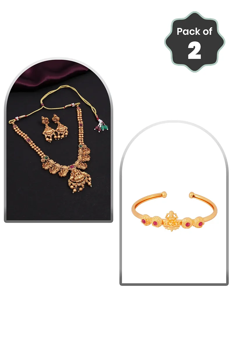 Lakshmi Peacock Necklace & Floral Cuff Bracelet for Women - Combo of 2