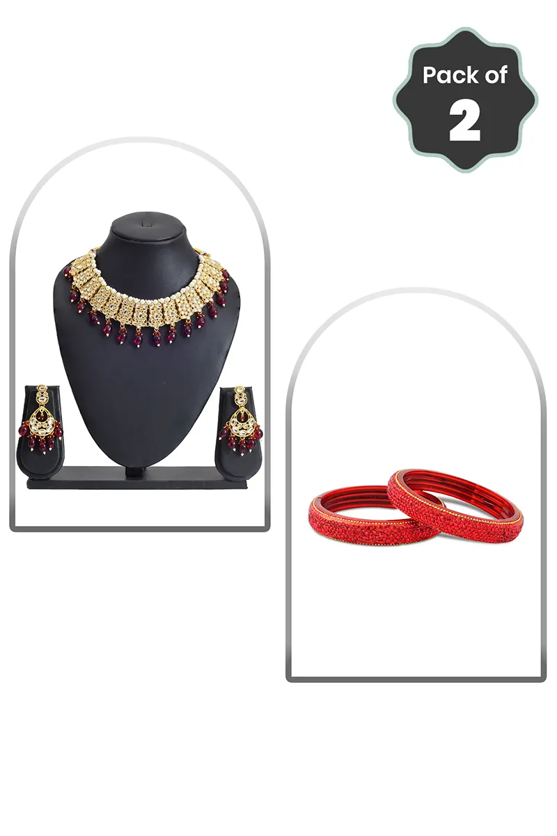 Kundan Pearl Choker & Glass Broad Bangles for Women - Combo of 2