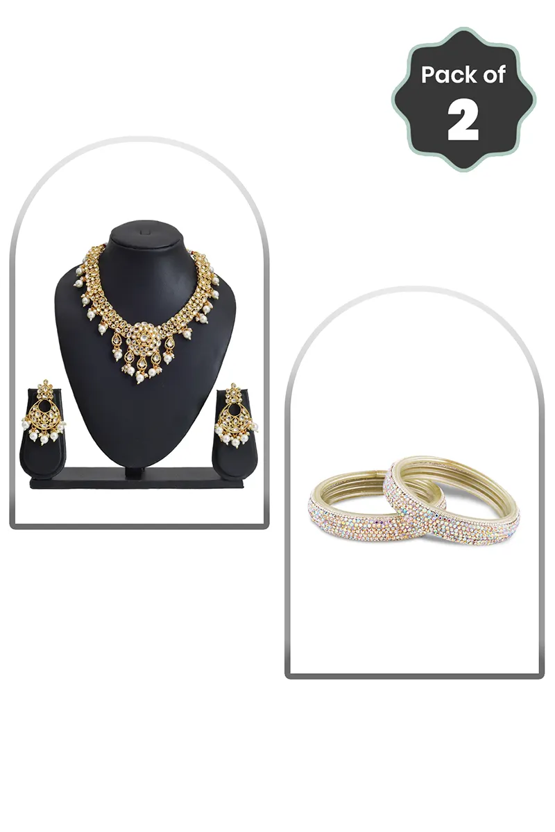 Kundan Pearl Necklace & Glass Broad Bangle for Women - Combo of 2 JWCOMBO0026GOLSIL24