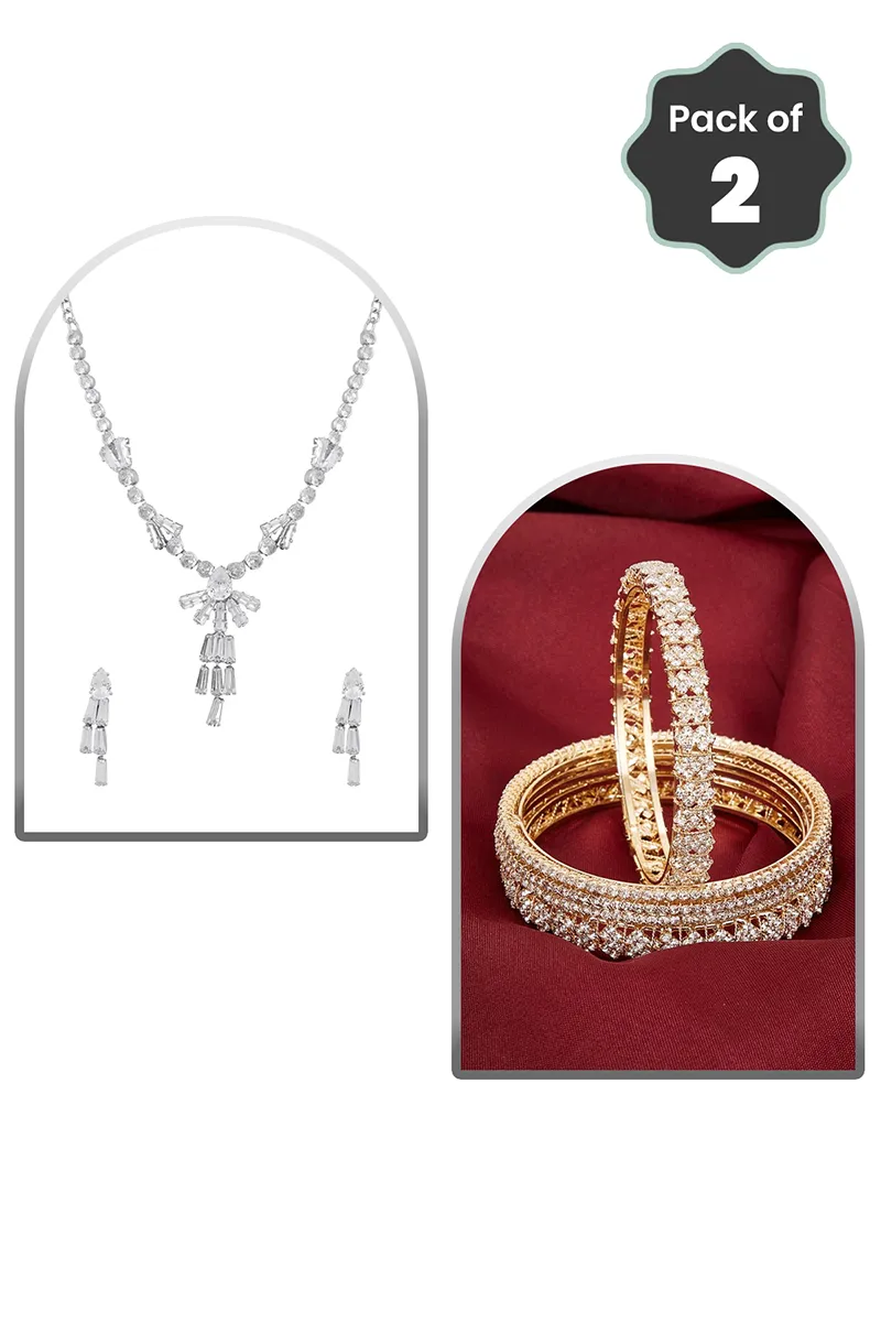 Silver Crystal Cascade Necklace & Gold CZ Bangle for Women - Combo of 2