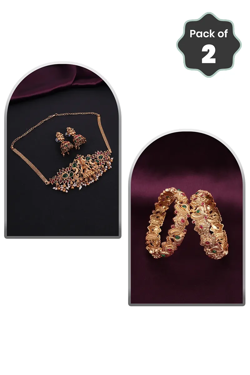 Lakshmi Peacock Choker & Floral Kada Bangles for Women - Combo of 2