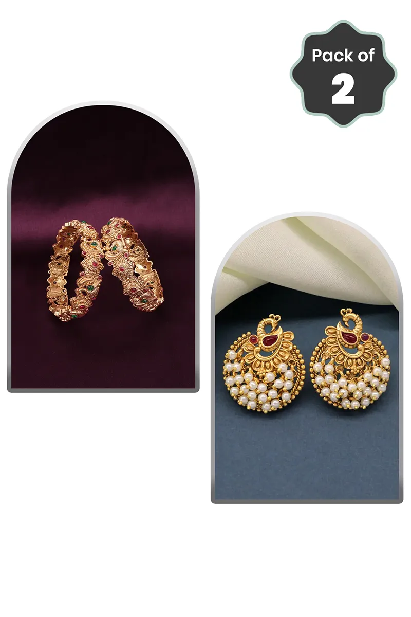 Peacock Kada Bangle & Pearl Stud Earrings for Women - Combo of 2