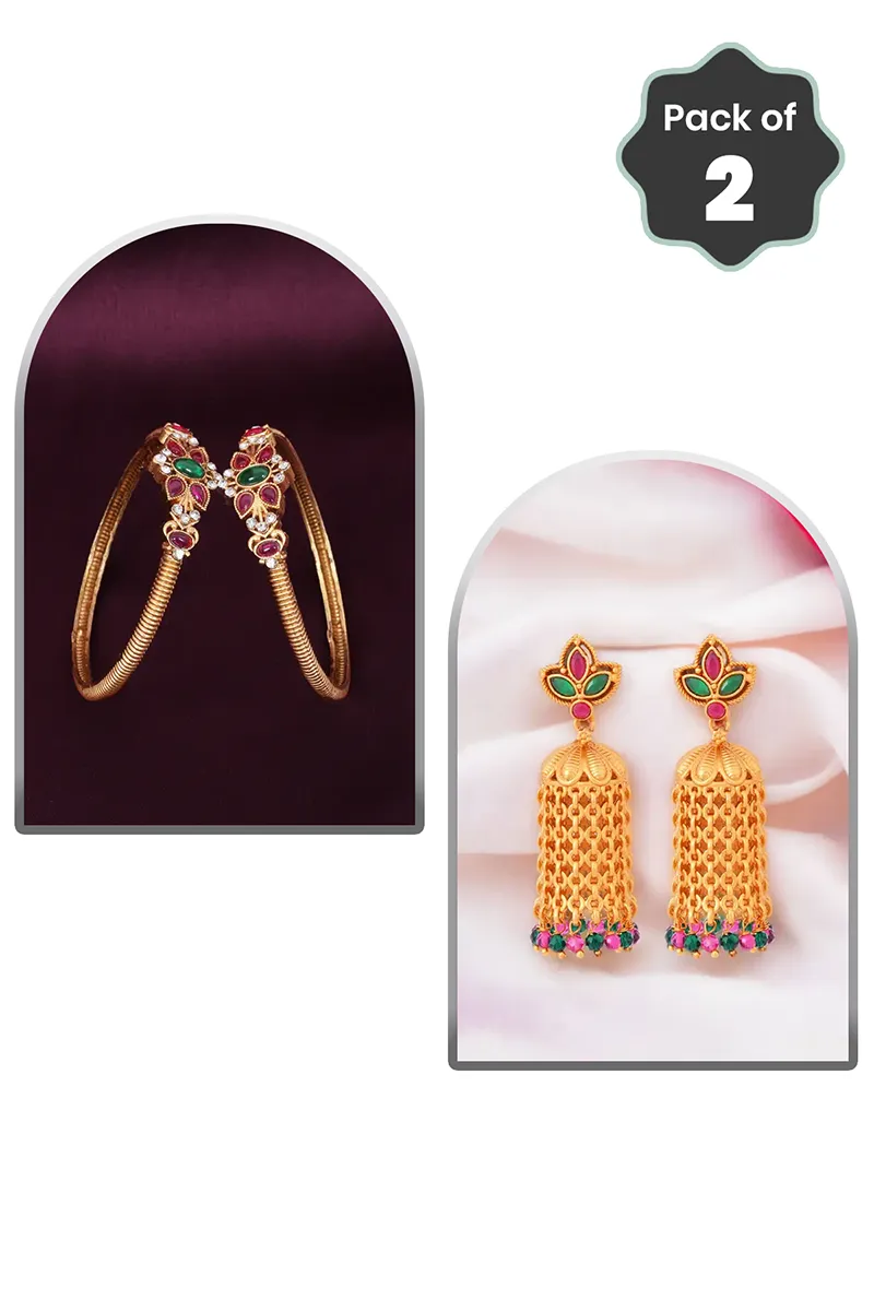 Floral Leaf Kada Bangle & Gold Tassel Jhumki Earring for Women - Combo of 2